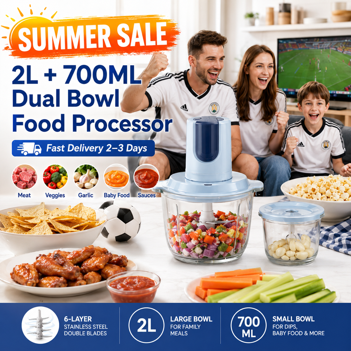 Dual Bowl Electric Food Processor | 2L + 700mL