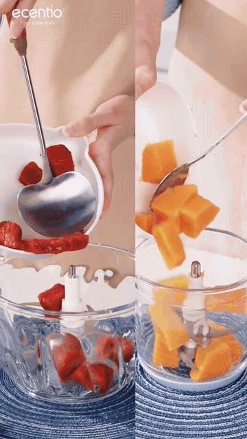 Food chopper demonstration: processing ingredients in two glass bowls